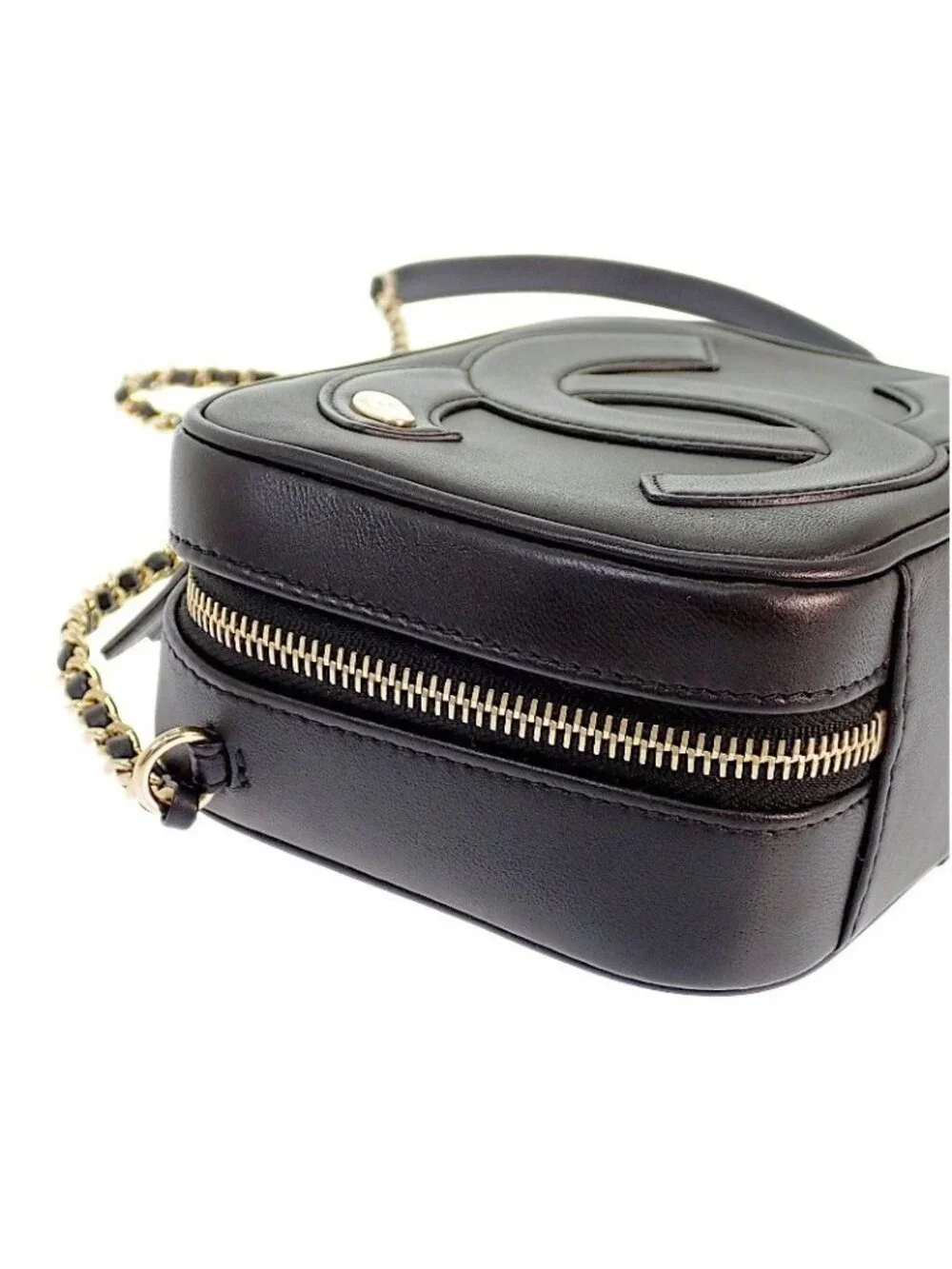 Chanel CC Logo Chain Shoulder Camera Bag Lambskin Black Gold